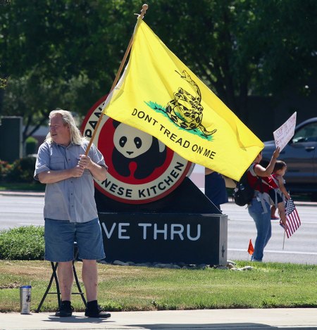 There were several protesters at the May 2 protest rally at 12th Avenue and Lacey Blvd. A second rally is scheduled for tomorrow at the same site starting at 10 a.m.